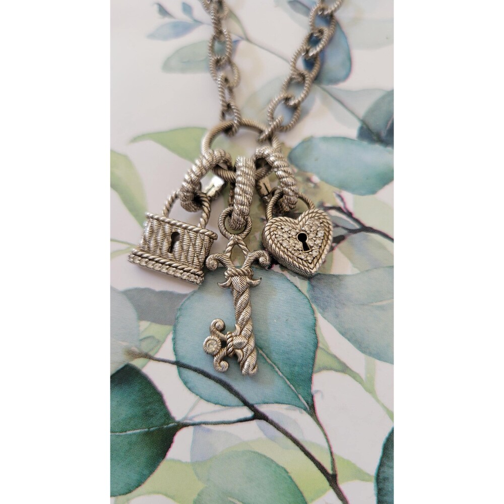 Vintage Judith Ripka Sterling Silver Key Heart Padlock Charm Pendant Necklace